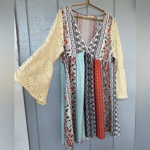 Kori Multicolor Patterned Fabric boho flowy lace sleeve 50 % cotton dress Lg